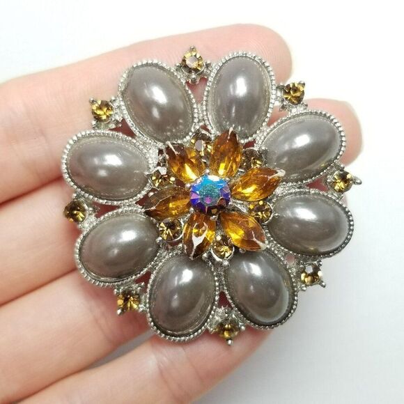 Vintage Orange Rhinestone and Gray Cabochon Flower Shape Brooch, Estate - Picture 1 of 6